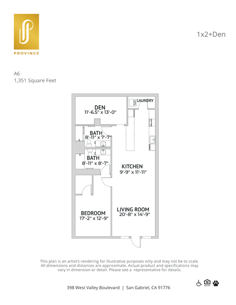 Floor plan for 1 bed, 1 bath, 1351 sqft
